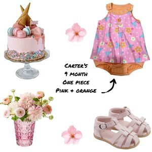 Baby Girl New Vintage Carter's 9 Month Pink & Orange Flower Dress Romper Outfit